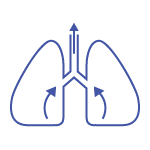 En blå cirkulär ikon med en vit linjeteckning av lungorna, som symboliserar andning