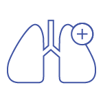 En blå cirkulär ikon med en vit linjeritning av lungorna och ett plustecken, vilket betyder minskade KOL-exacerbationer