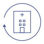 En blå cirkulär ikon med en vit linjeritning av ett sjukhus, som representerar minskade intagningar