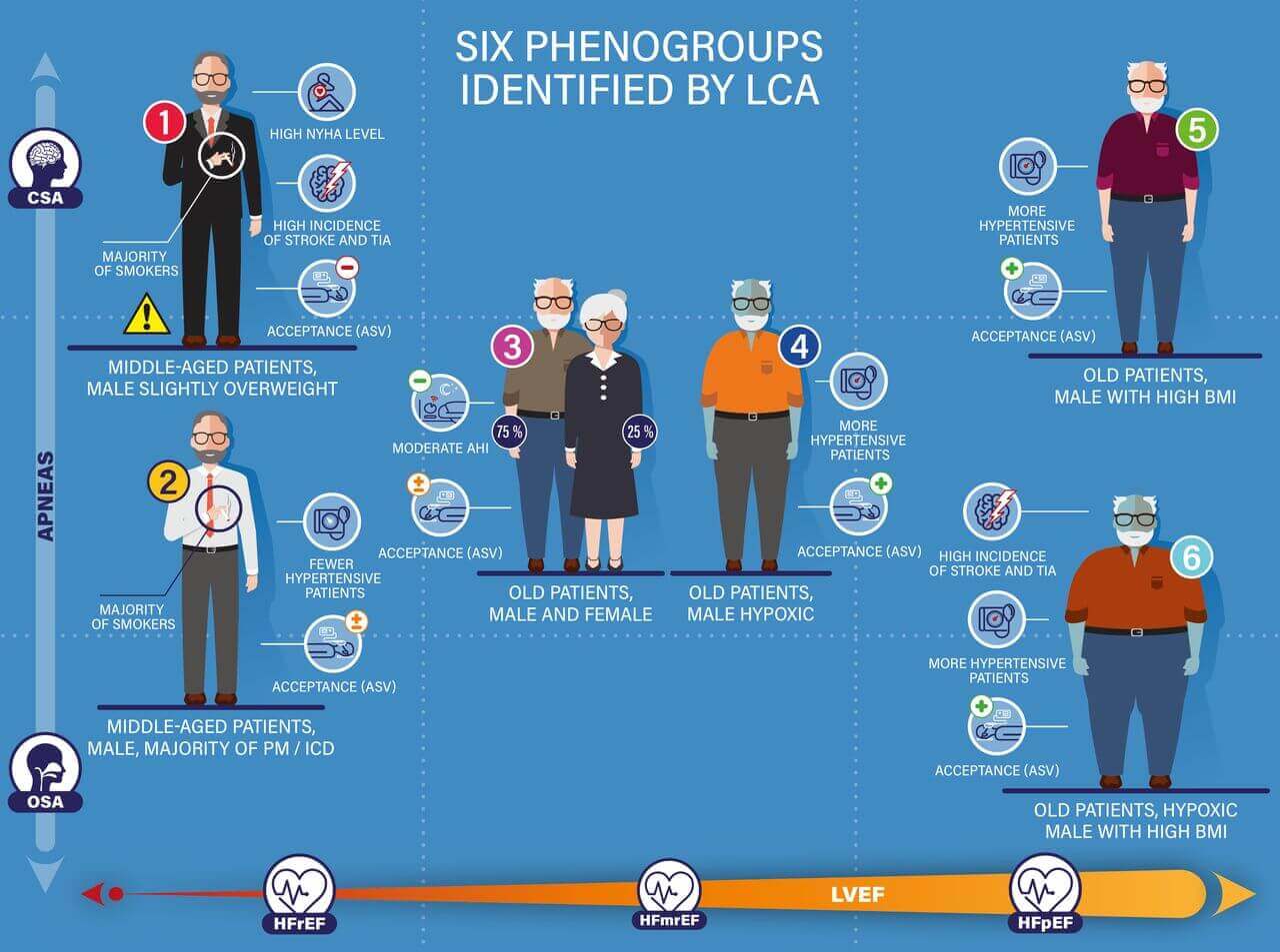 En infografik, der viser de seks fænogrupper af hjertesvigtspatienter, der er med i FACE-registret.