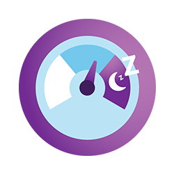 Et lilla og blåt manometer med et halvmåne-søvnikon for at symbolisere søvn.