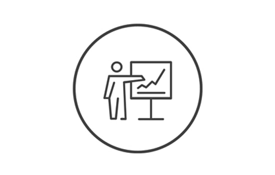 A black circular icon on a white background with a figure and a graph, respresenting patient follow up