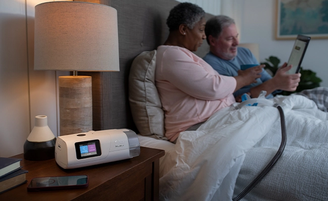 Et par i en seng med en tablet. Kvinden har en AirCurve 11 ASV PaceWave-maske på skødet. Masken er forbundet til apparatet på hendes natbord.